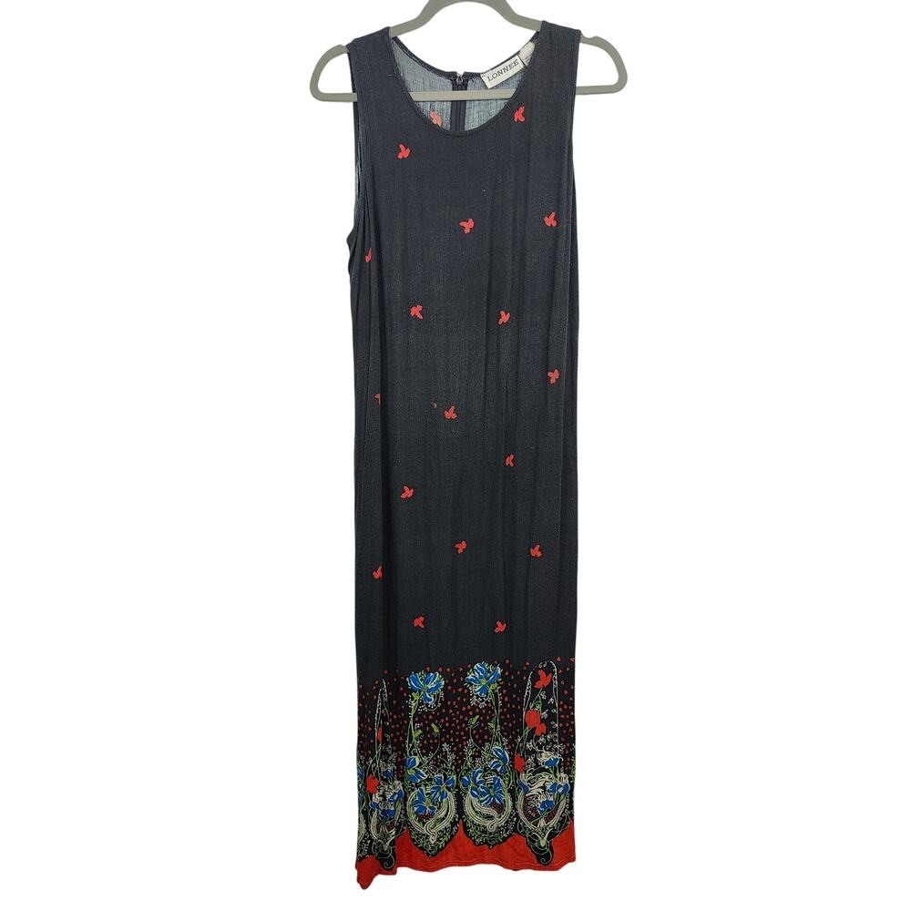 Vintage 90s Lonnee Maxi Dress Black Butterfly Floral Print Boho Y2K Summer